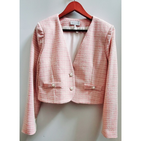 WAYF Blazer M Calling Elle Woods Boucle Check Pearl Rhinestone Button Pink/Gold - Picture 2 of 11